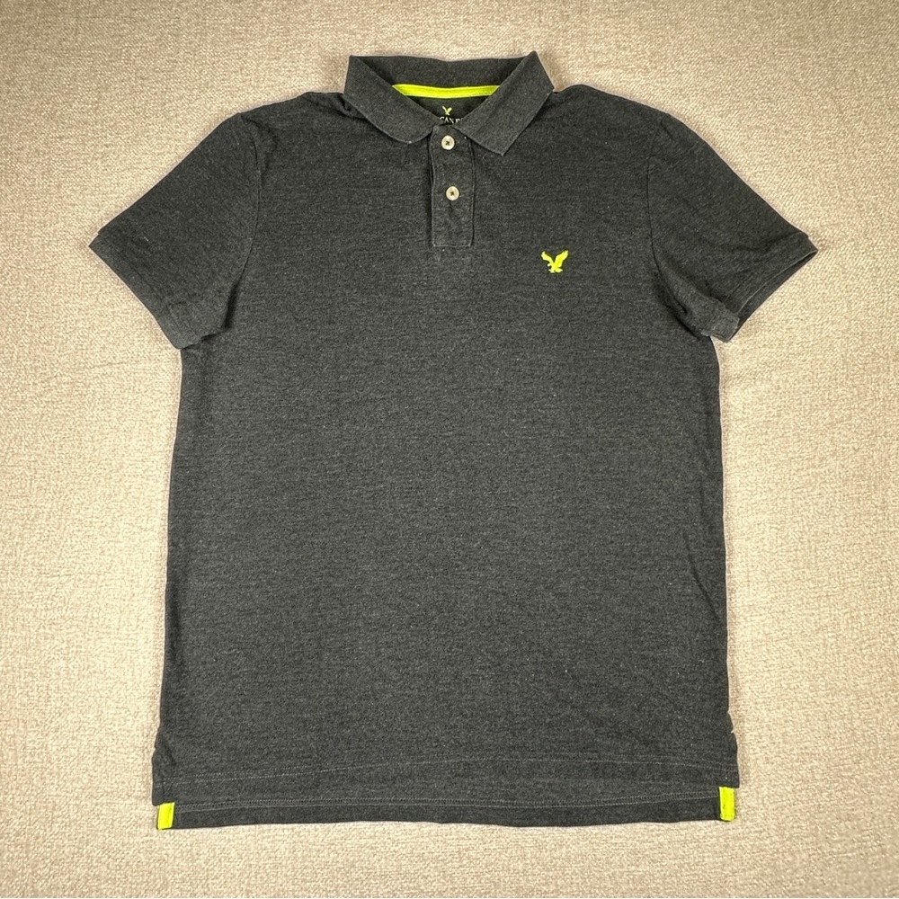 American Eagle Mens Polo Shirt Gray Yellow Accent Short Sleeve Casual Cotton